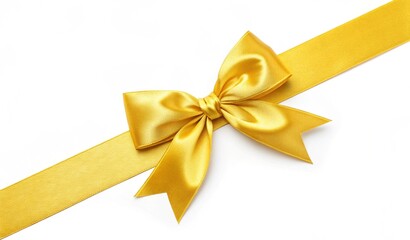 decorative shiny gift yellow ribbon with tied bow design element straight lying isolated on white background 