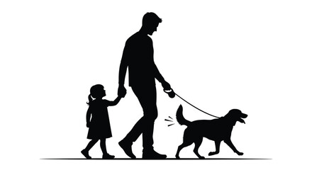 A father daughter and dog walking together in silhouette form