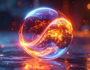 Glowing sphere with fiery energy and swirling bands of light