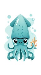 Cute Cartoon Squid Character in the Ocean