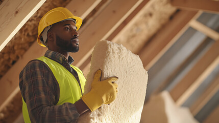 Construction worker insulating an attic with foam. He's in work gear wearing a hard hat and safety vest. Man is holding foam and looking up. Roof construction and insulation.