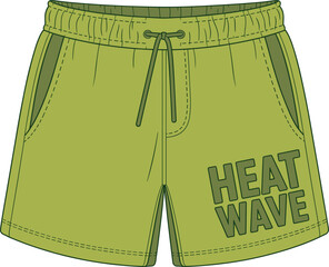 Green shorts fashion sketch, drawstring waistband design, side pockets detail, heat wave print, casual wear template, flat vector illustration