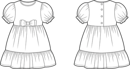 Girl dress technical sketch, puff sleeve fashion drawing, ruffle hem garment design, waist bow detail template, flat vector illustration
