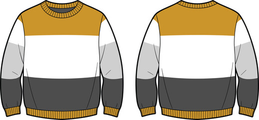 Color block sweater, mustard yellow knitwear, casual fashion, winter clothing, trendy pullover, stylish apparel, cozy outfit, flat vector illustration