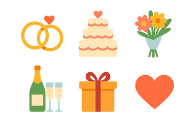 Colorful wedding icons: rings, cake, flowers, champagne, gift, heart
