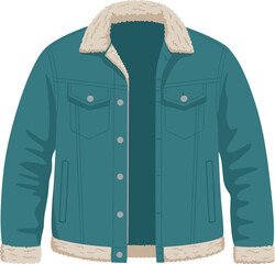 Teal denim jacket, sherpa lining outerwear, winter fashion, button-up coat, stylish apparel, warm clothing, trendy design, flat vector illustration