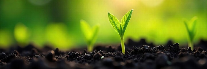 Vibrant Spring Shoots Emerging from Dark Soil  Sunlight Illuminates Delicate New Growth, Symbolizing Renewal and Rebirth in Nature