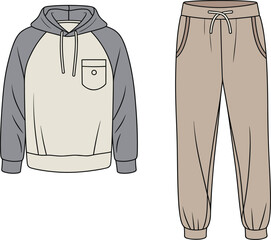 Flat vector illustration, casual hoodie, jogger pants, streetwear fashion, modern outfit, trendy apparel, urban style, comfortable clothing, youth wear, layered look