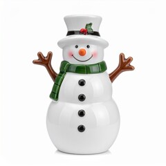 Festive Ceramic Snowman Figure with Green Scarf on White Background