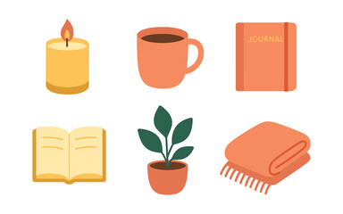 Cozy home essentials: candle, coffee, journal, book, plant, blanket