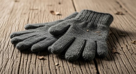 A pair of gray woolen gloves are lying on a wooden surface, creating a cozy and warm atmosphere for the cold winter days