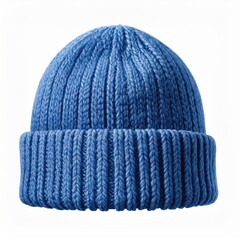 Blue Knitted Beanie Isolated on White Background in Studio Lighting