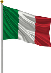 Realistic Italy Flag Waving on Pole with Silk Fabric Texture, 3D Render Isolated on Transparent Background