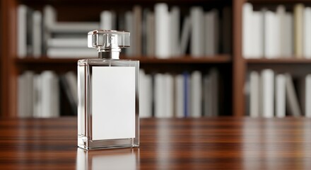 Elegant blank perfume bottle wooden desk blurred bookshelf background mockup fragrance product beauty scent luxury branding