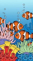 Tropical Clownfish Swimming Among Colorful Coral Reefs Underwater