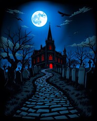 Gothic Castle and Cemetery on a Moonlit Halloween Night