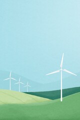 Fototapeta premium Wind farm background, watercolor landscape illustration