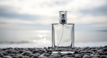 Elegant clear perfume bottle on serene pebble beach ocean backdrop fragrance beauty product luxury clean fresh sea minimal