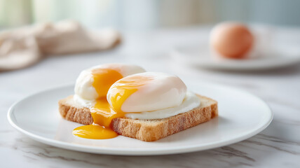 Cinematic Close-Up of Poached Eggs on Toast with Runny Yolk