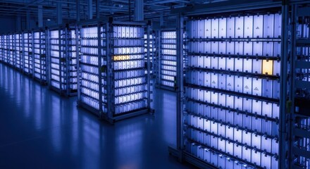 Rows of server racks in a data center, illuminated with blue lights, with one rack highlighted in yellow, showcasing data storage