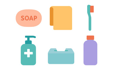 Fototapeta premium Flat design bathroom essentials: soap, towel, toothbrush, dispenser, tissue, bottle in pastel colors