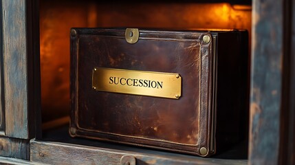 An Ancient Leather Bound Book of Succession Resting on a Wooden Shelf