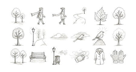 Charming hand drawn winter elements with trees, birds, coats, and accessories