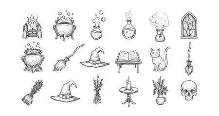 Magical items hand drawn set with witch hat, cauldron, cat, and skull