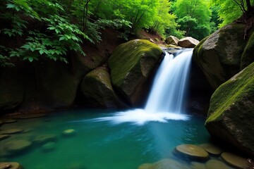 Serene Waterfall Cascading over Mossy Rocks into a Crystal Clear Pool, Lush Green Foliage, Perfect for Relaxation and Tranquility; Ideal for Travel, Nature, Wellness, and Spa Themes.