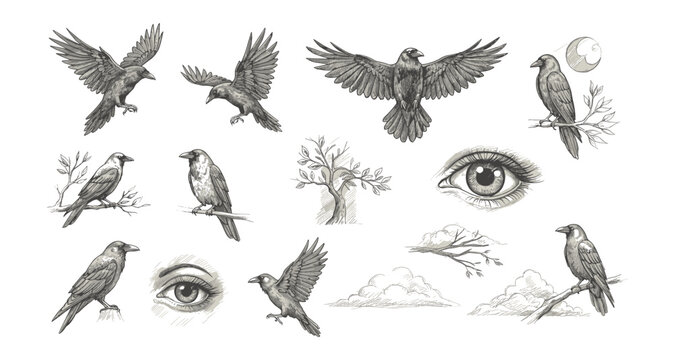 Intricate crow and nature sketches with eye and branch details