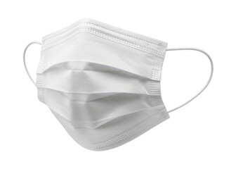 White disposable face mask with elastic ear loops on black background.