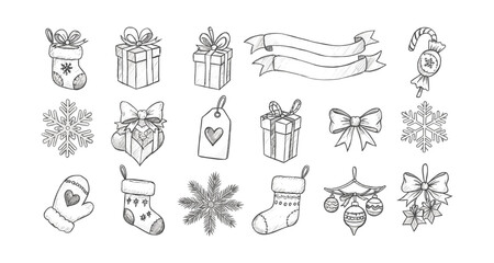 Obraz premium Hand drawn christmas icons set: gifts, decorations, and festive elements