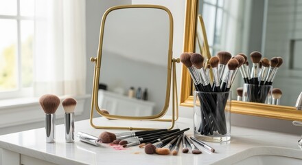 Makeup brushes and a mirror on a white vanity, creating a beauty and selfcare scene in a bright and clean bathroom setting
