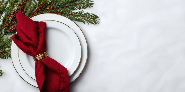 Elegant holiday table setting with white plates and festive red napkin for Christmas decor