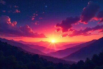Majestic Dawn Vibrant Sunrise Colors Paint a Breathtaking Celestial Landscape, Stars Still Visible in the Twilight Sky