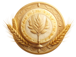 Religious communion wafer emblem with wheat stalks representing holy communion and sacrifice isolated on transparent background