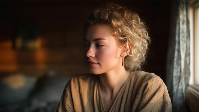 Swedish woman minimal home interior wood textures sitting quietly peaceful gaze warm soft light