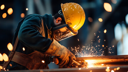 A construction worker wearing a hard hat is welding metal in a factory. Sparks are flying as he cuts the metal. He wears safety equipment. Hard work in the factory.