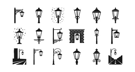 Vintage street lamp silhouettes set for urban design projects