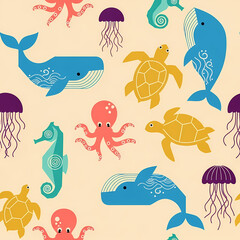 Seamless Pattern of Colorful Sea Creatures Whales Turtles Jellyfish Seahorses Octopuses.