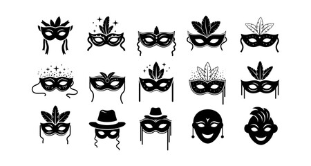 Decorative masks collection with feathers and accessories on white background