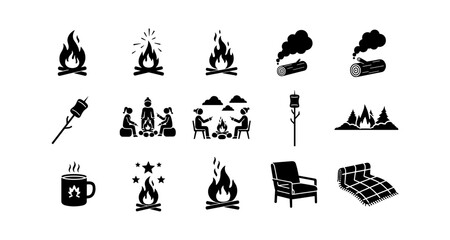Camping silhouettes: icons of campfire, marshmallows, and cozy outdoors