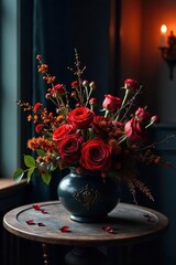 Moody Gothic Floral Arrangement Dark Red Flowers, Dimly Lit Room, Halloween Decor