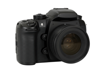 Professional digital camera with lens on a black background.