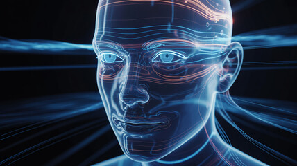 Futuristic Digital Human Face with Light Streaks
