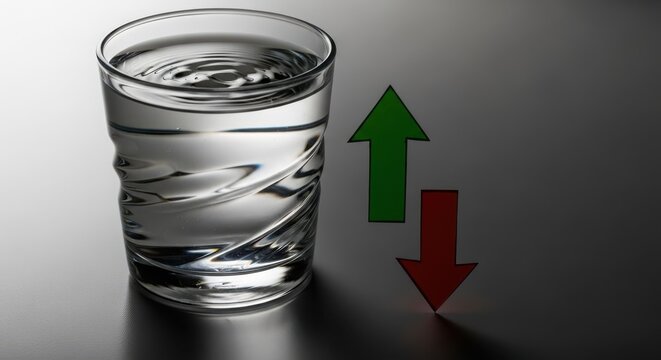 Glass of water with green up arrow and red down arrow symbolizing fluctuating water levels or stock market trends on dark surface
