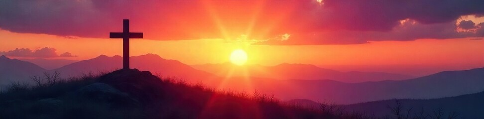 Serene Sunset Landscape with Cross Silhouette Peaceful Spiritual Reflection