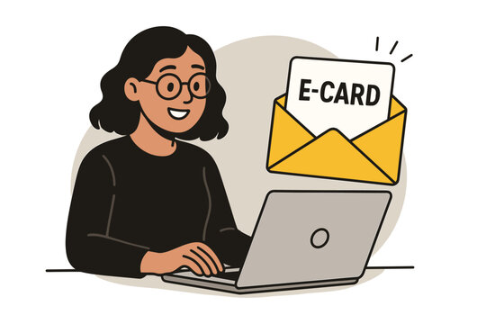 Woman sending e-card online with laptop and envelope icon in flat style