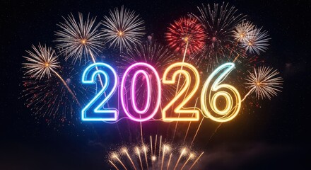Vibrant neon 2026 numerals glow amidst spectacular firework displays celebrating new year