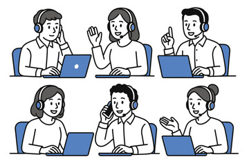 Fototapeta premium Customer support team communicating with headsets and laptops in flat style
